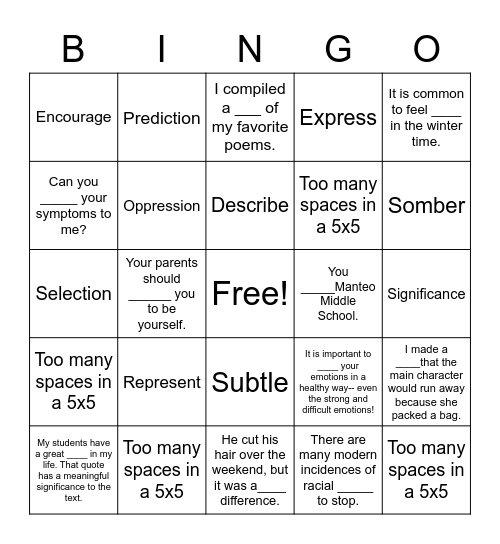 Week 17 Words Bingo Card