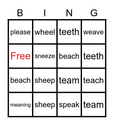 long e Bingo Card