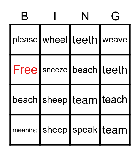 long e Bingo Card