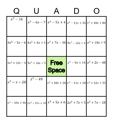 FACTORING QUADRATICS Bingo Card