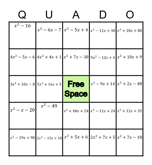 FACTORING QUADRATICS Bingo Card