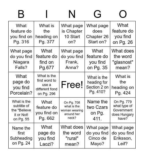 Non-Fiction Text Features Bingo Card