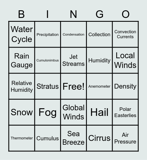 Weather Factors Bingo Card