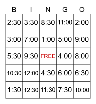 Telling Time Bingo Card