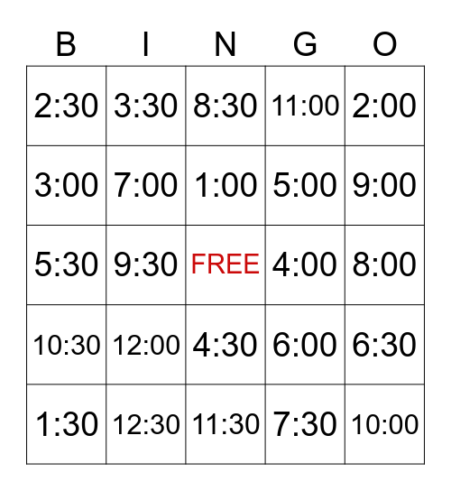 Telling Time Bingo Card