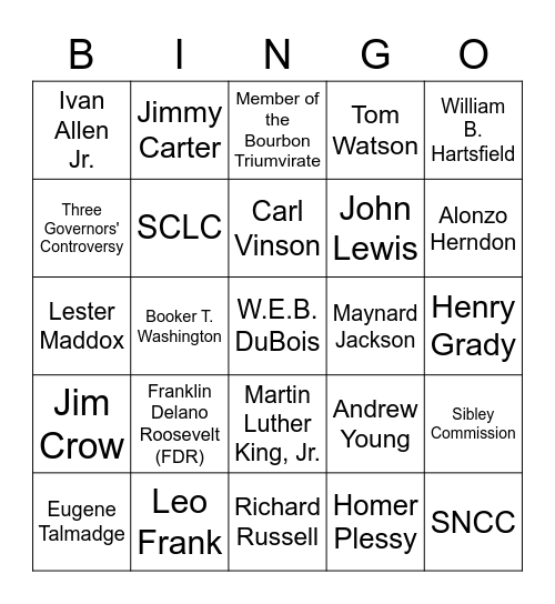 20th Century Georgians Bingo Card