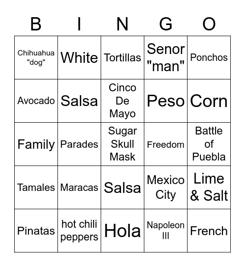 Cinco De Mayo Bingo Card