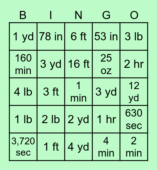 Customary Conversions Bingo Card