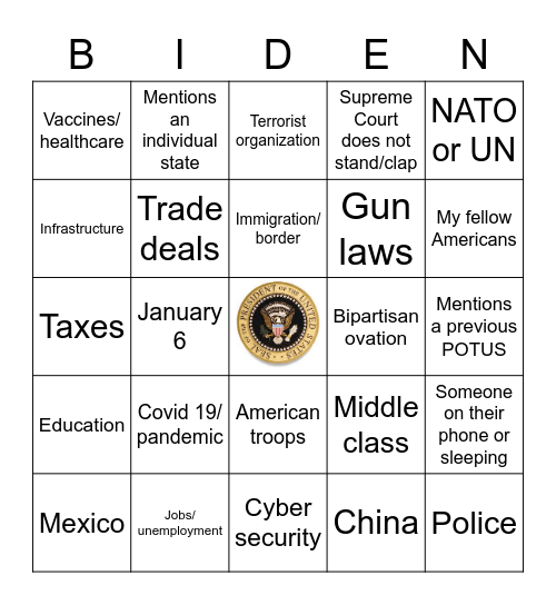 Joint Congress Session 2021 Bingo Card