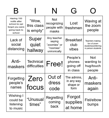 First day back Bingo Card