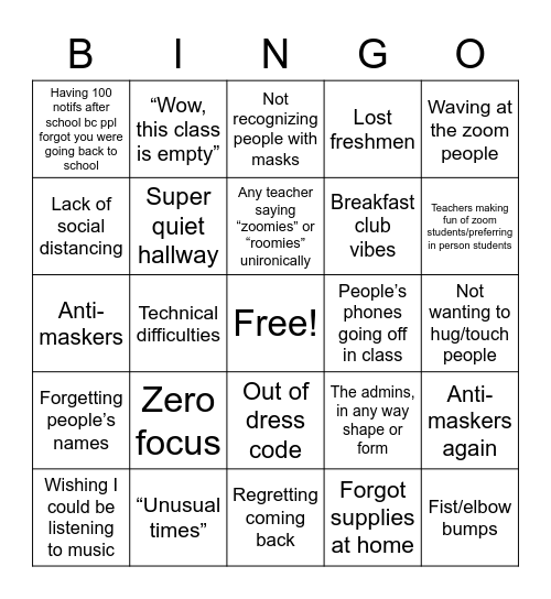 First day back Bingo Card