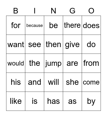 Sight Words Bingo Card