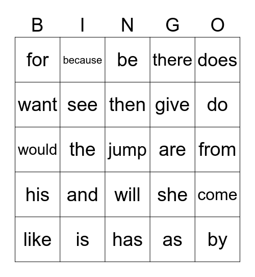 Sight Words Bingo Card