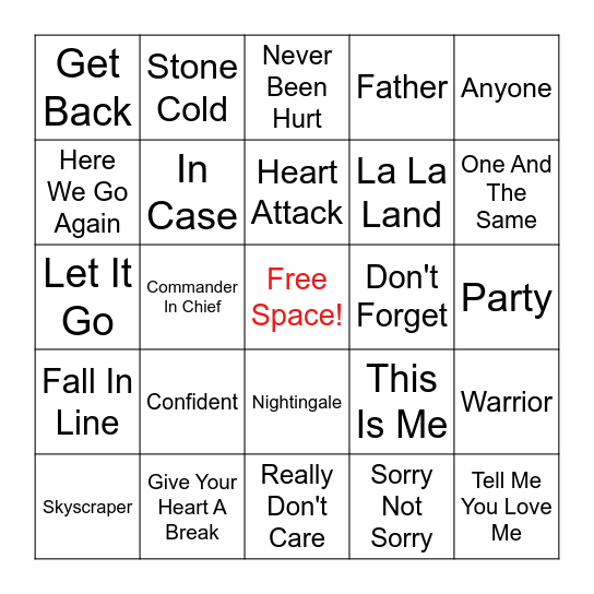 Demi Lovato Bingo Card