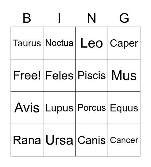 Latin Week Animal Bingo Card