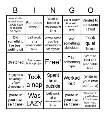 Self Care Bingo Card