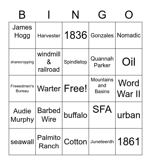 Civil War- Great Depression Bingo Card