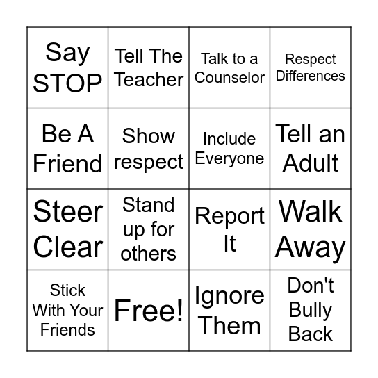 Solutions for Bullying Situations Bingo Card