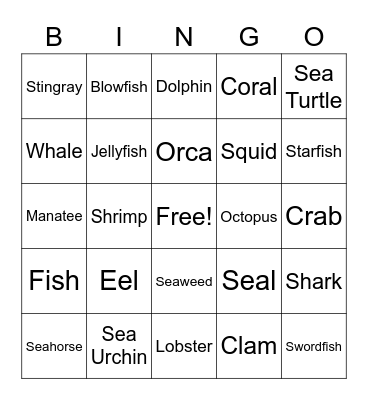 Ocean Animals Bingo Card