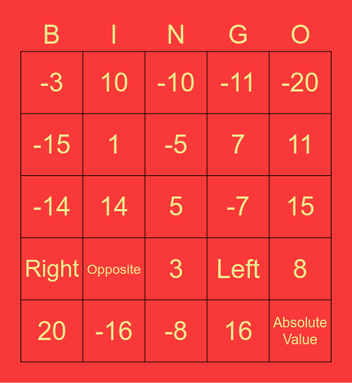 Integer Bingo Card