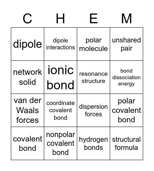 Covalent Bonds!!! Bingo Card