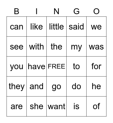 Sight Words Bingo Card