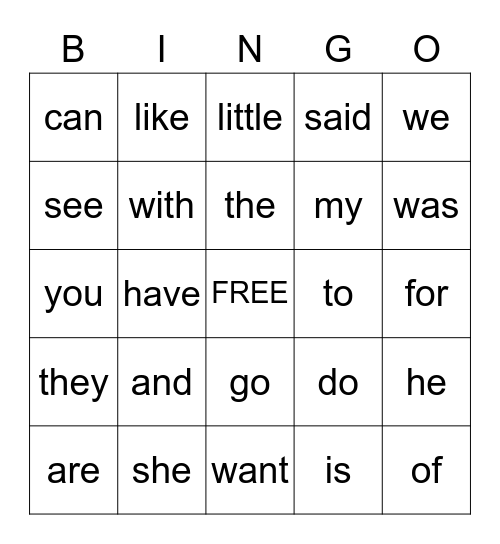 Sight Words Bingo Card