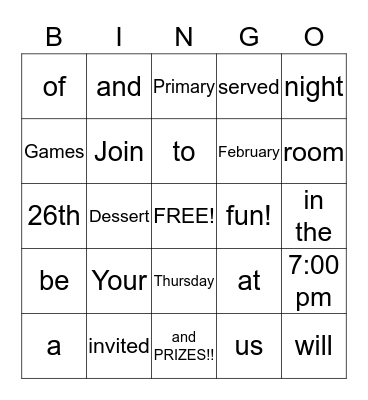 4th Ward Relief Society BINGO Night Bingo Card