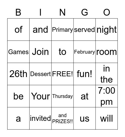 4th Ward Relief Society BINGO Night Bingo Card