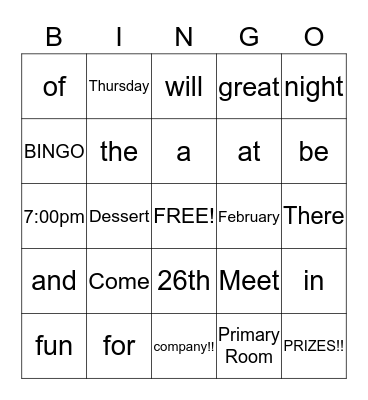 Come to the 4th Ward Relief Society BINGO Night Bingo Card