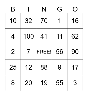 Number Bingo Card