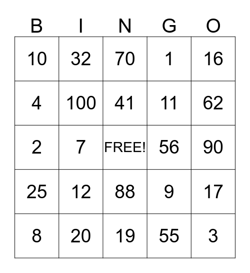 Number Bingo Card