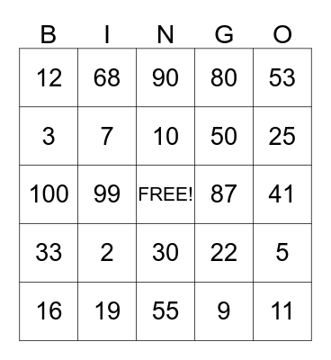 Number Bingo Card