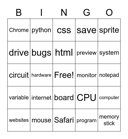 Computer Coding Bingo Card