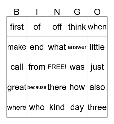 Sight word Bingo Card