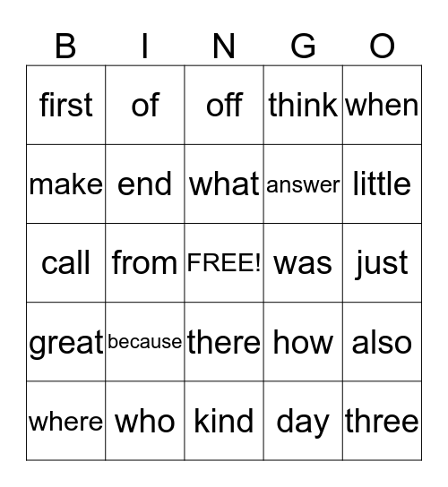 Sight word Bingo Card