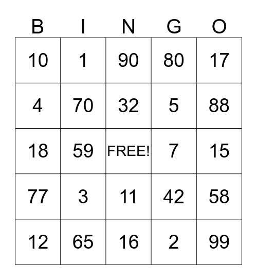 Number Bingo Card
