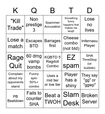 KQBTD 1 vs 1 BINGO Card