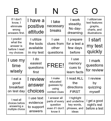 Test Taking Strategies Bingo Card