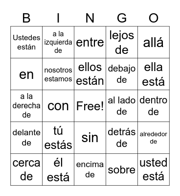 Preposition + Estar Bingo Card