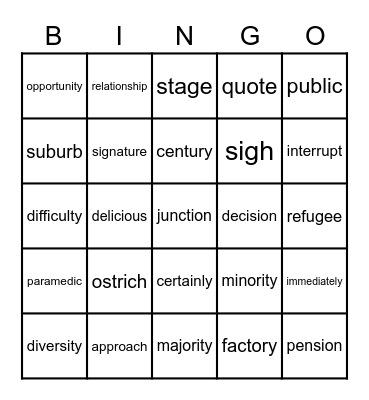 Vocabulary Year 10 Bingo Card