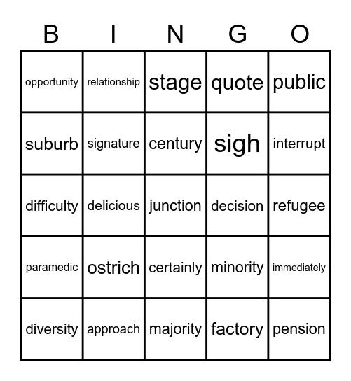 Vocabulary Year 10 Bingo Card