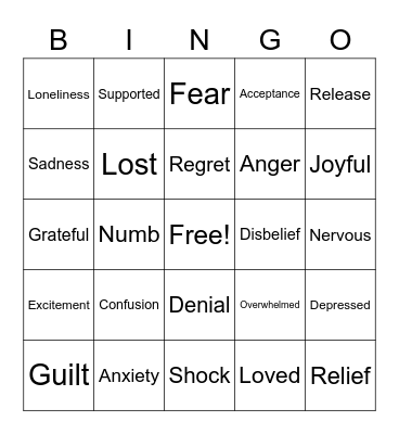 Feelings of Grief Bingo Card