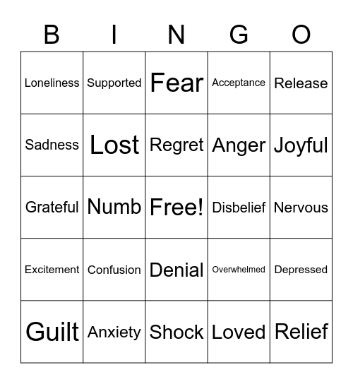 Feelings of Grief Bingo Card