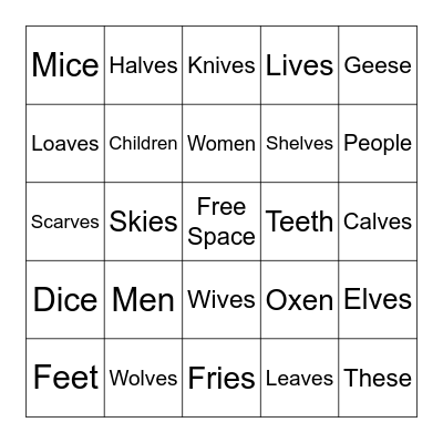 Irregular Plurals Bingo Card