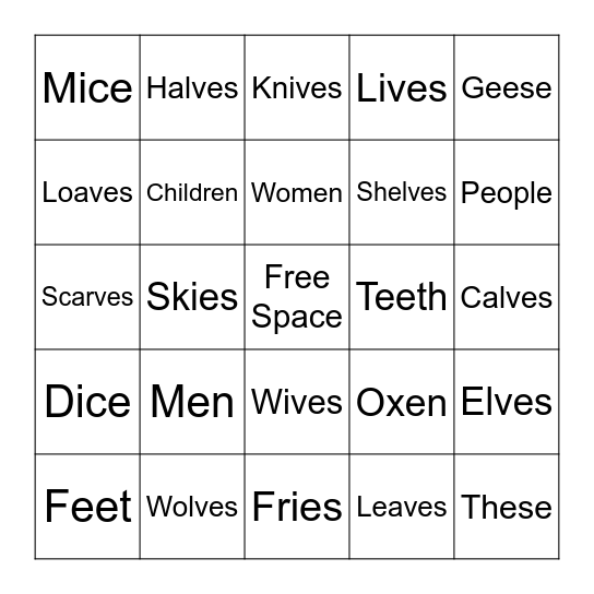 Irregular Plurals Bingo Card