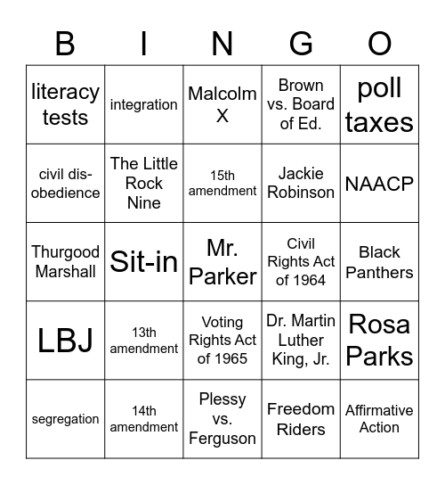 Civil Rights Bingo Card