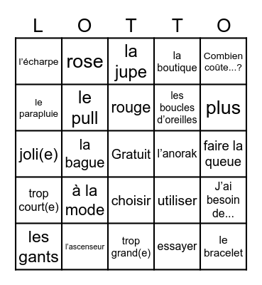 Faisons du shopping ! Bingo Card