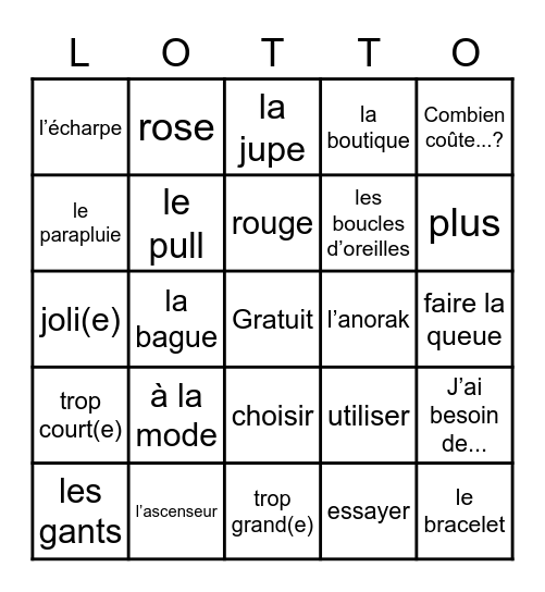 Faisons du shopping ! Bingo Card