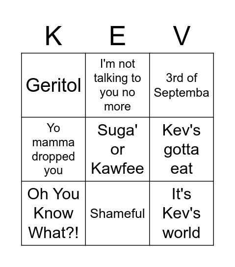 KEV-O Bingo Card